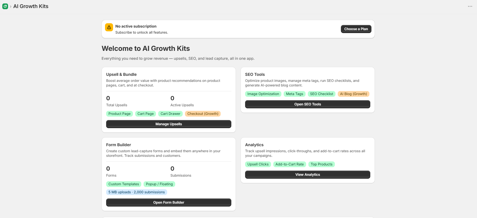 The AI Growth Kits dashboard, with cards for Upsell and Bundle, SEO Tools, Form Builder and Analytics