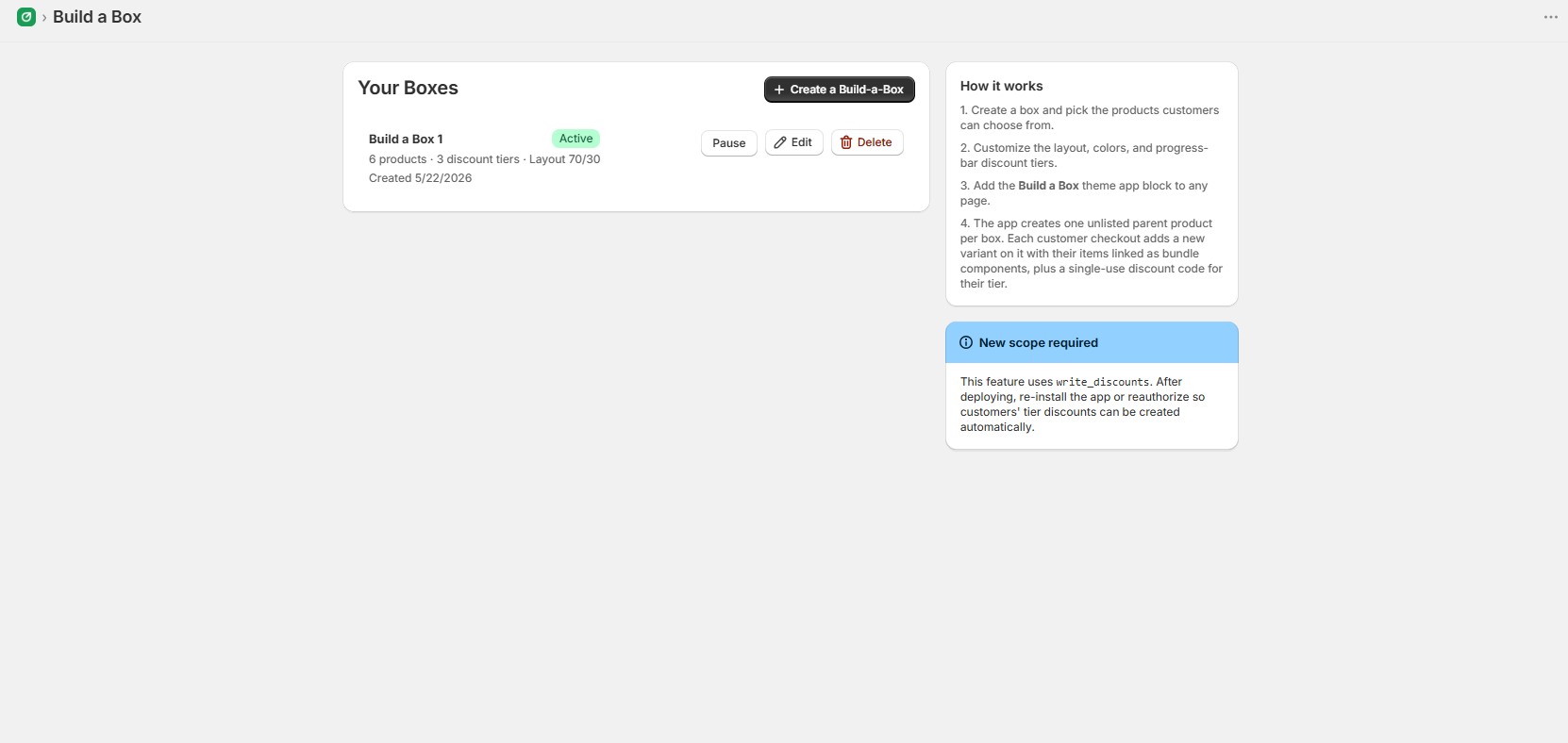 The Build a Box screen showing an active box with six products and three discount tiers