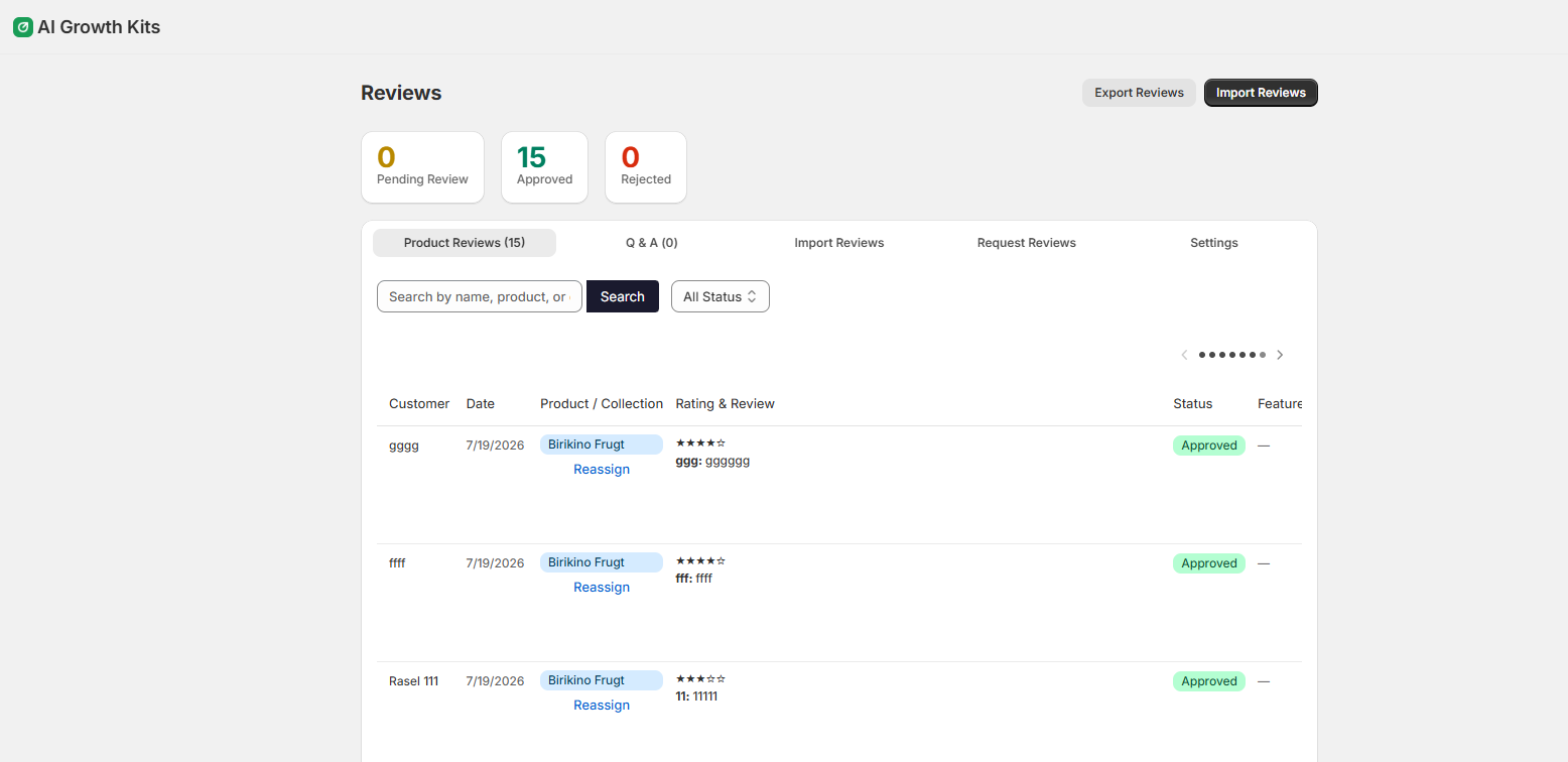 The Reviews screen listing approved product reviews with their ratings and status