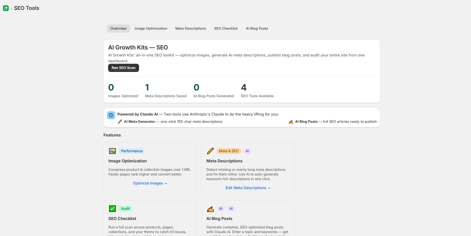 The SEO Tools overview: image optimization, meta descriptions, SEO checklist and AI blog posts