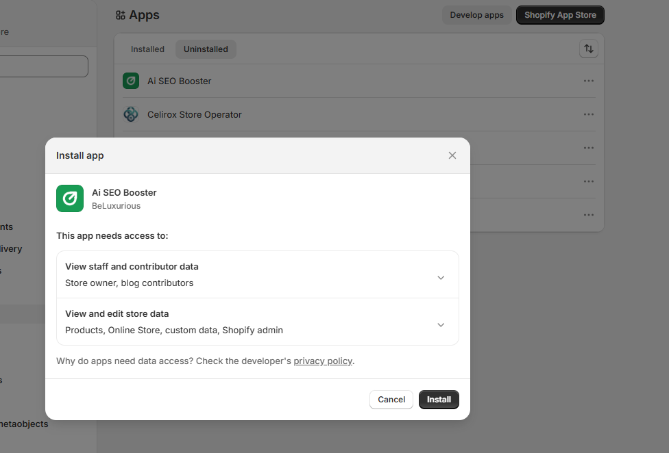 The Shopify admin install dialog for Ai SEO Booster, showing the data access it requests and the Install button