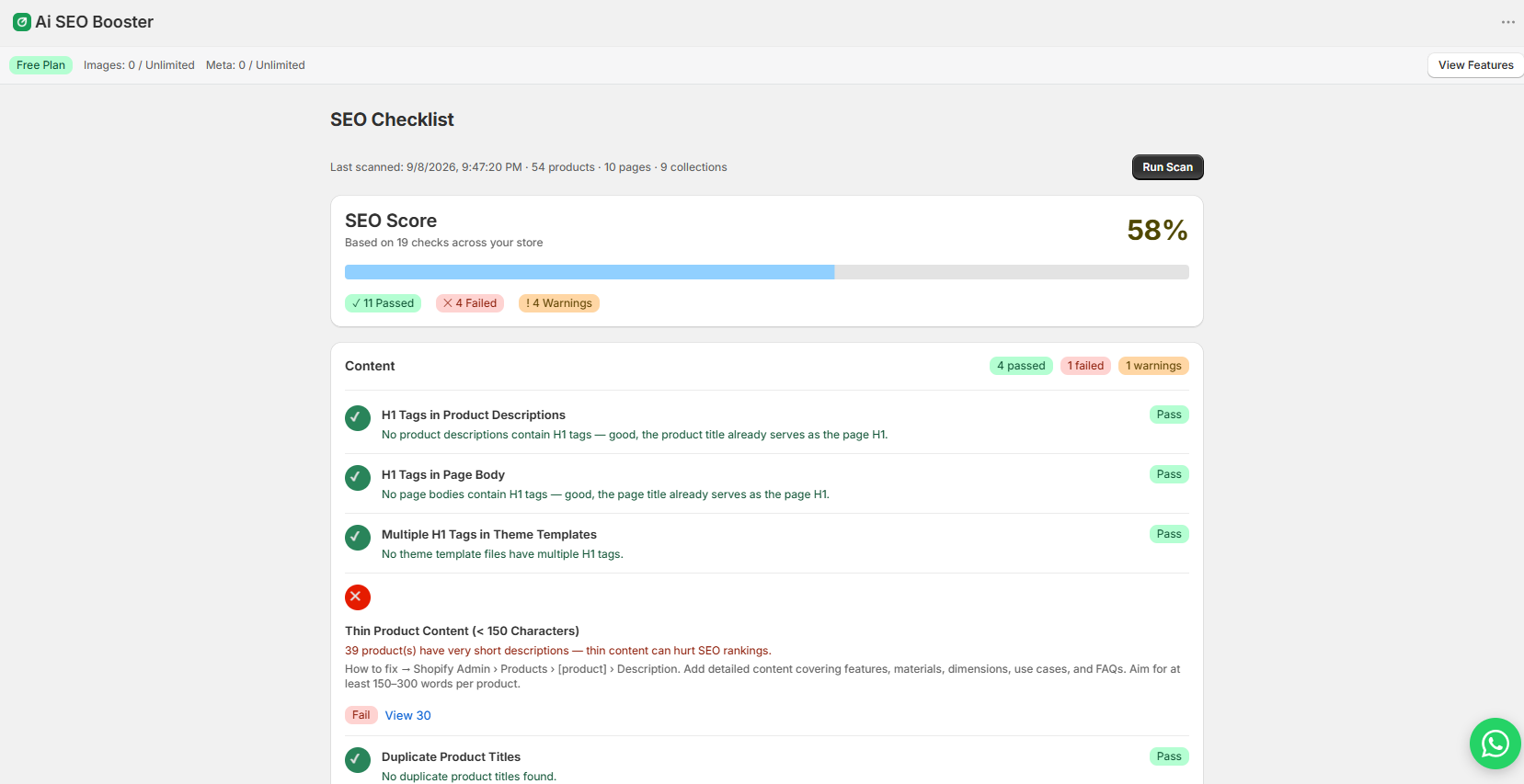 The SEO Checklist after a scan: a 58% score across 19 checks, with passes, failures and warnings listed by category