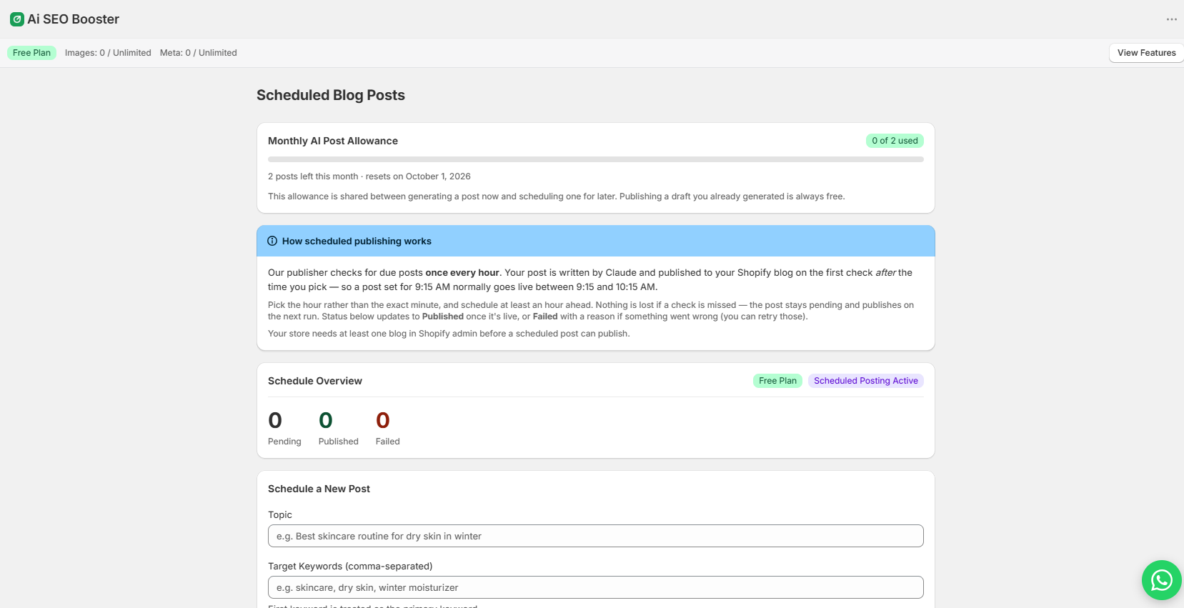 The Scheduled Blog Posts screen, showing the monthly AI post allowance and the form for queueing a new post